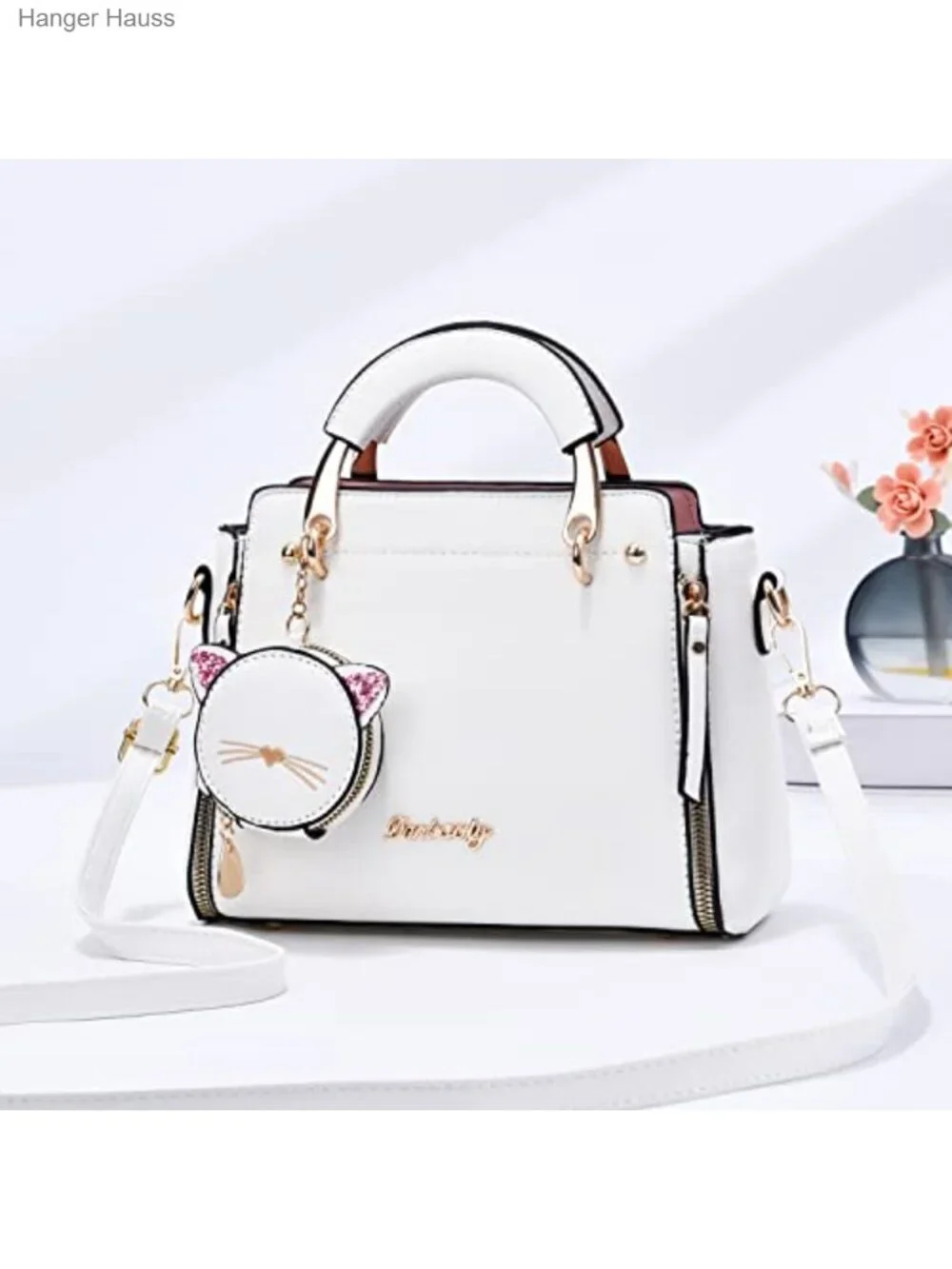 Women's Faux Leather Satchel Crossbody Bag with Kitten Pendant